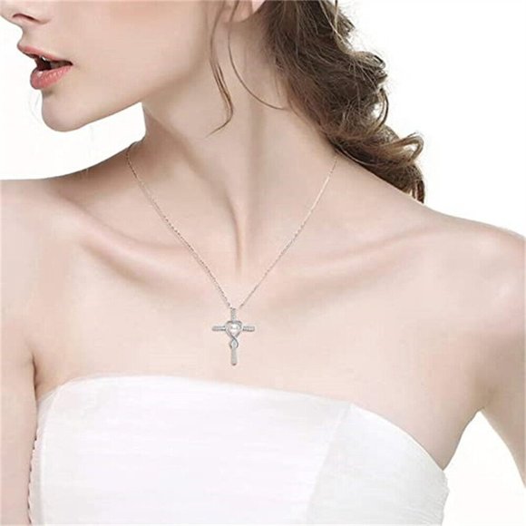 New Beautiful Sterling Silver Cultured Pearl CZ Cross Necklace - Picture 4 of 4